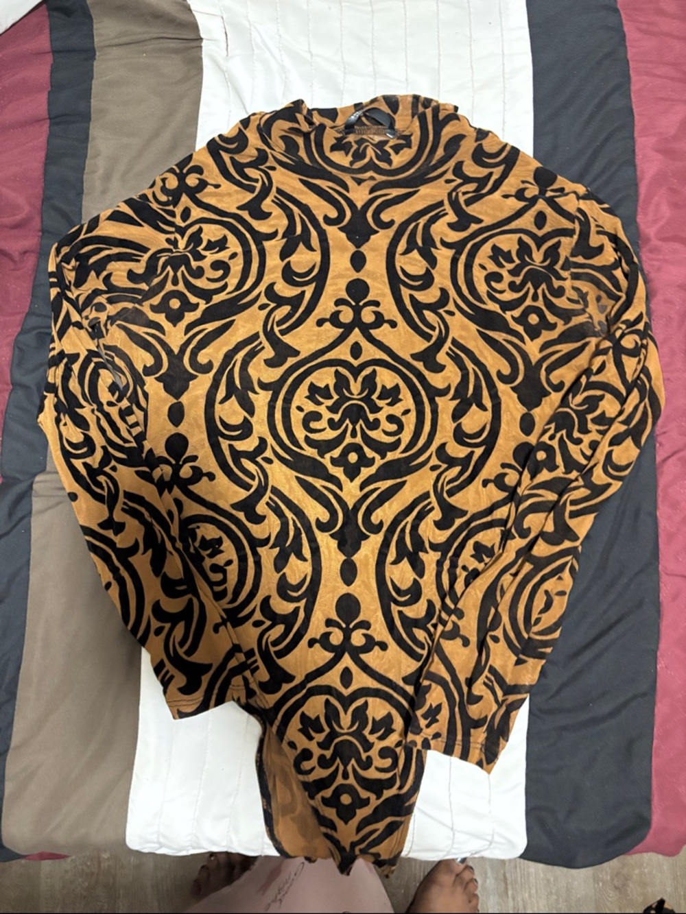 SHEIN Black and Brown Baroque Print Long Sleeve Bodysuit
